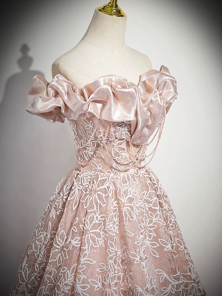A-Line Off Shoulder Tulle Lace Pink Long Prom Dress, Pink Long Formal Dress US 14 / Pink A-Line Off Shoulder Tulle Lace Pink Long Prom Dress, Pink Long Formal Dress US 14 / Pink