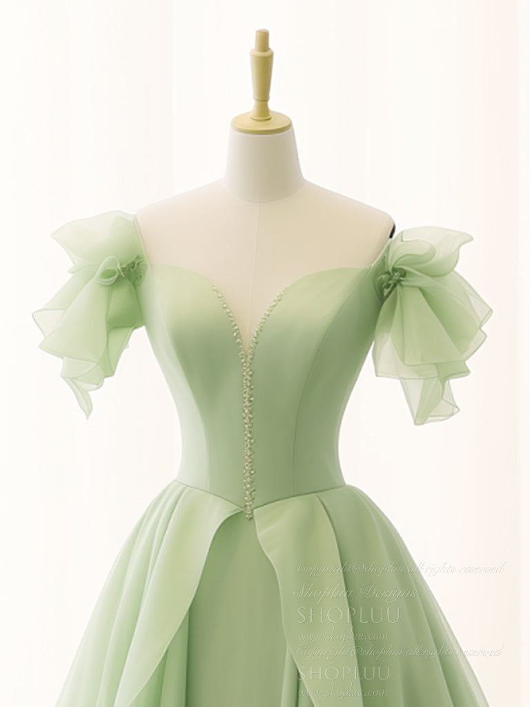 pastel graduation dress Sage Green Chiffon Prom Dress 2025 Ruffle Sleeves 10 / Custom Color
