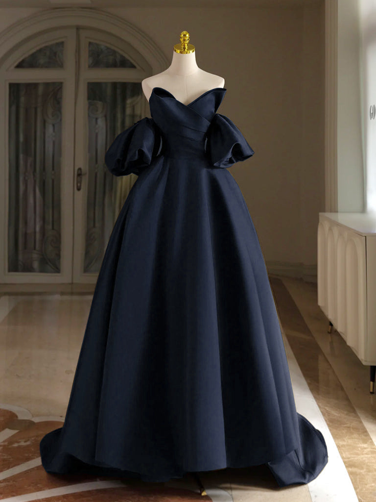 A-Line V Neck Satin Dark Blue Long Prom Dress, Dark Blue Long Formal Dress US 2 / Custom Color A-Line V Neck Satin Dark Blue Long Prom Dress, Dark Blue Long Formal Dress US 2 / Custom Color