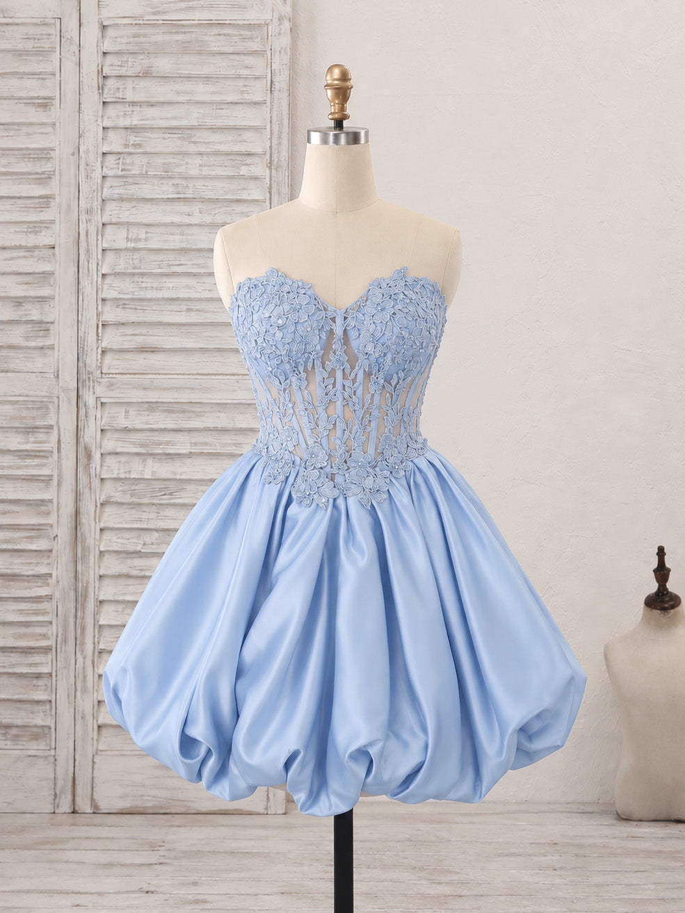 Cute Sweetheart Neck Satin Lace Blue Short Prom Dress