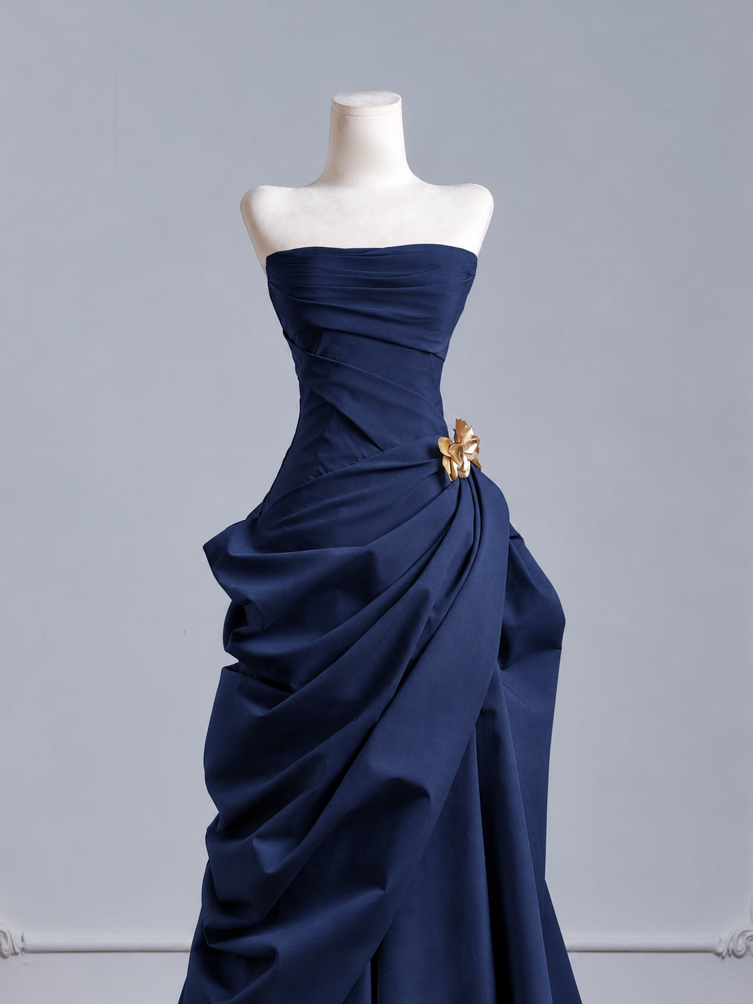 Elegant A-line Dark Blue Strapless Ruched A-Line Prom Dress with Draped Skirt