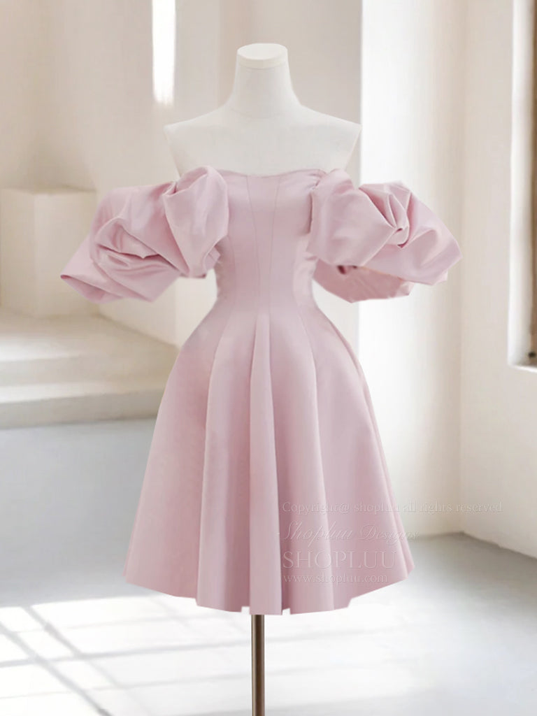 A-Line Off Shoulder Satin Pink Short Prom Dress, Pink Homecoming Dress shopluu A-Line Off Shoulder Satin Pink Short Prom Dress, Pink Homecoming Dress shopluu