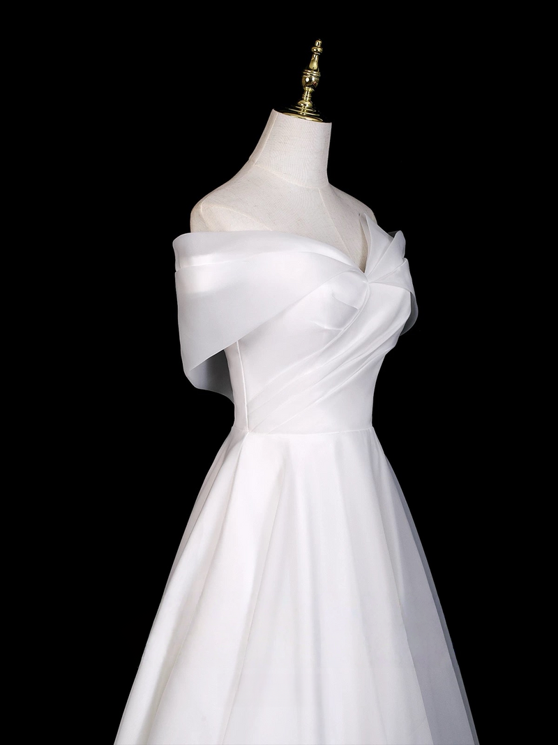 white organza dress White Satin Long Prom Dress, Off the Shoulder Evening Dress US 16 / White