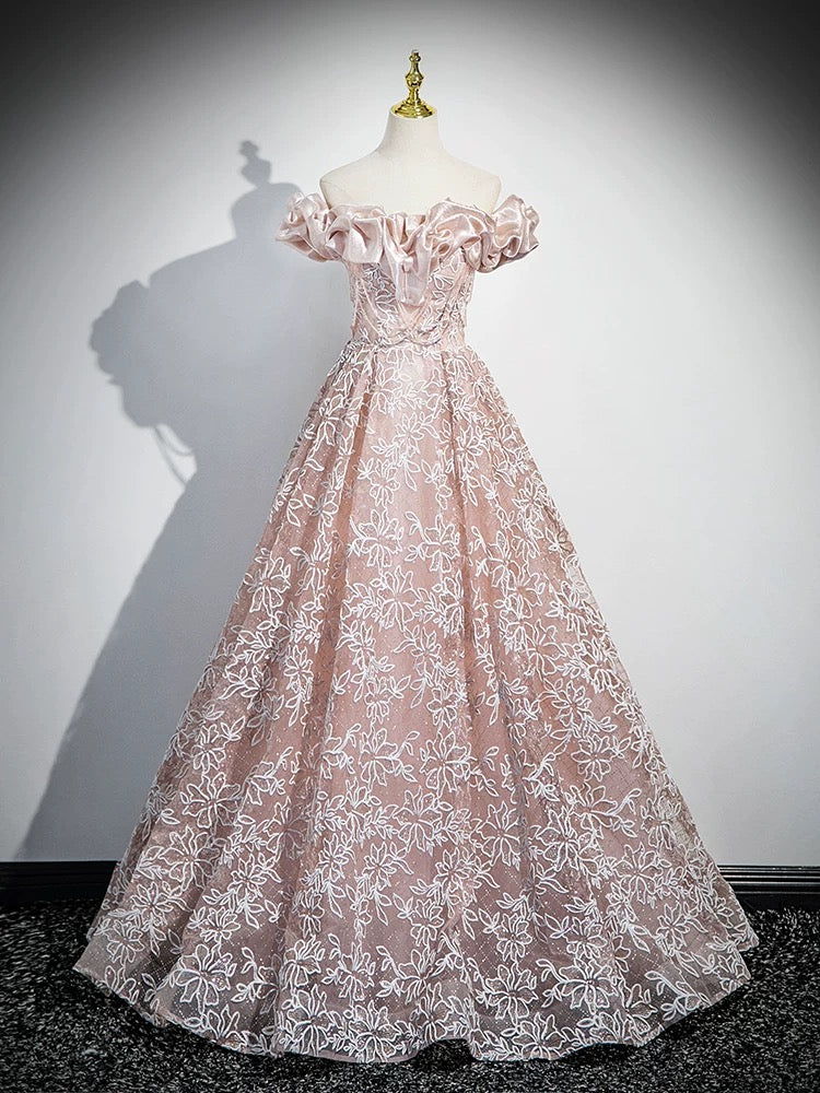 pink lace off the shoulder prom dress Pink Off Shoulder Tulle Lace Applique Long Prom Dress, Pink Sweet 16 D