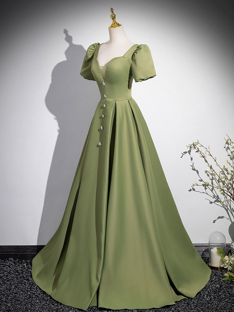 A-Line Short Sleeve Satin Green Long Prom Dress, Green Long Formal Dress US 16 / Custom Color A-Line Short Sleeve Satin Green Long Prom Dress, Green Long Formal Dress US 16 / Custom Color