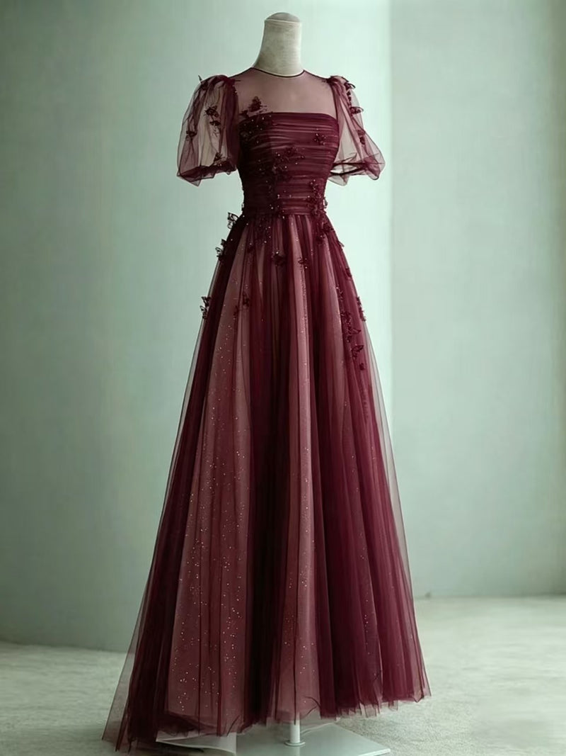 burgundy applique prom dresses A-line Puff Sleeves Tulle Long Dress with Butterfly Appl – shopluu Prom Dresses __with:acc1321_gold Number of Drawers|cl:6-Drawer Her Universe Disney Cruella