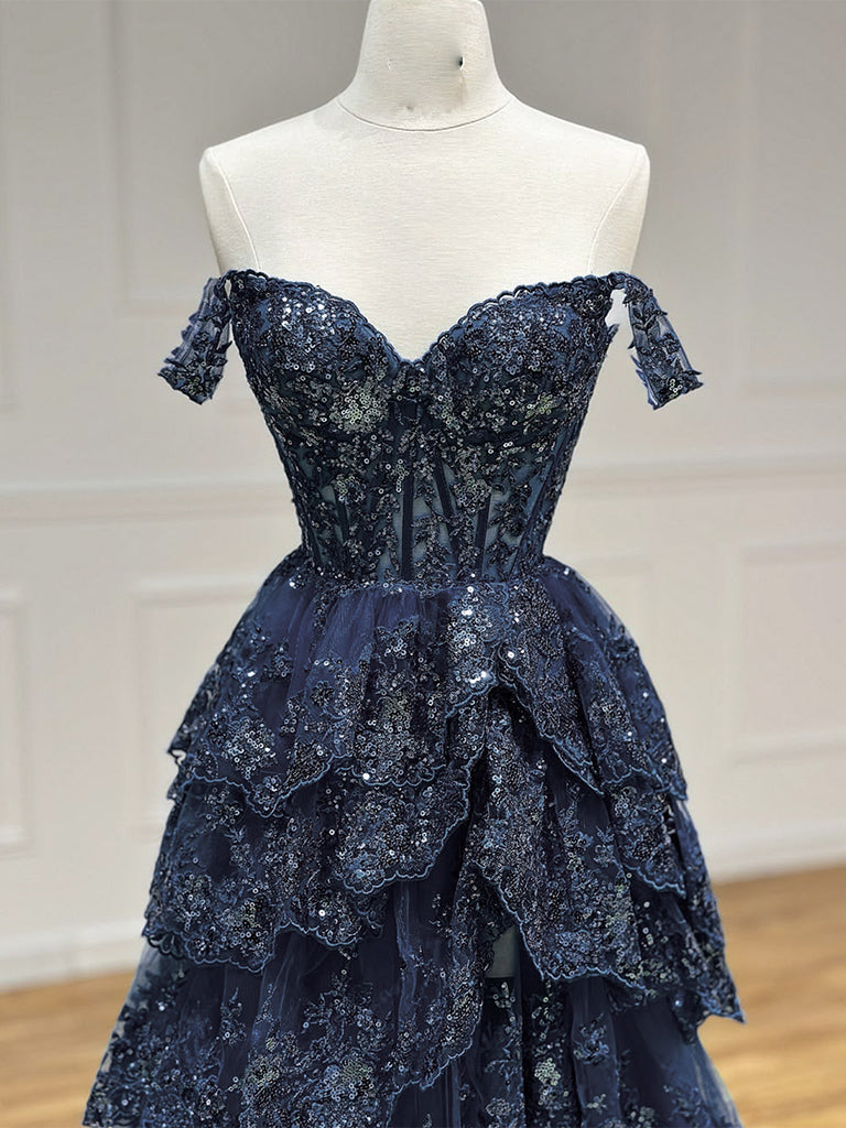 navy blue prom dress sparkly A-Line Tulle Sequin Blue Long Prom Dress, Blue Sequin Long Formal Dress US 14 / Black