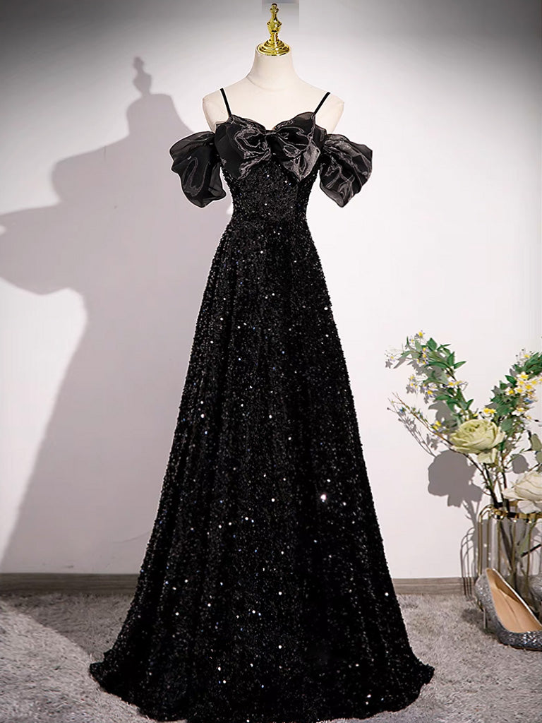 Black Off Shoulder Velvet Sequin Long Prom Dress, Black Long Evening D – shopluu