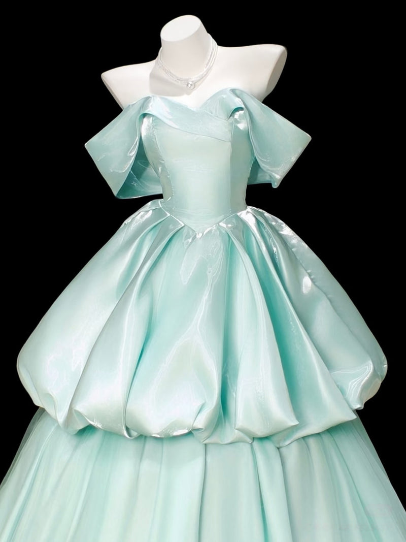A-Line Sweetheart Neck Off Shoulder Tulle Satin Mint Green Long Prom D – shopluu