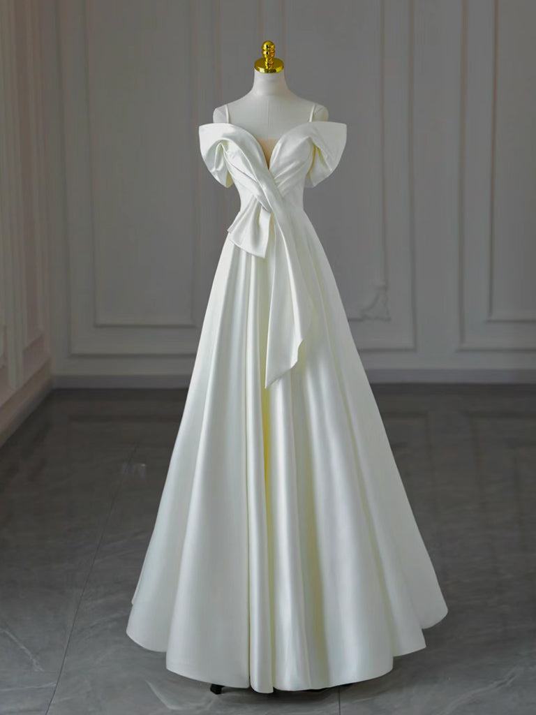 A-Line Off Shoulder Satin White Long Prom Dress, White Long Formal Dress