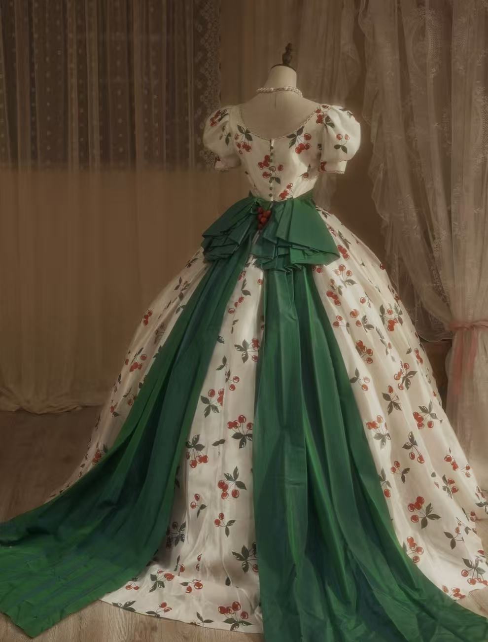 Ball Gown A-line Satin Retro White Long Prom Dress with Green Belt