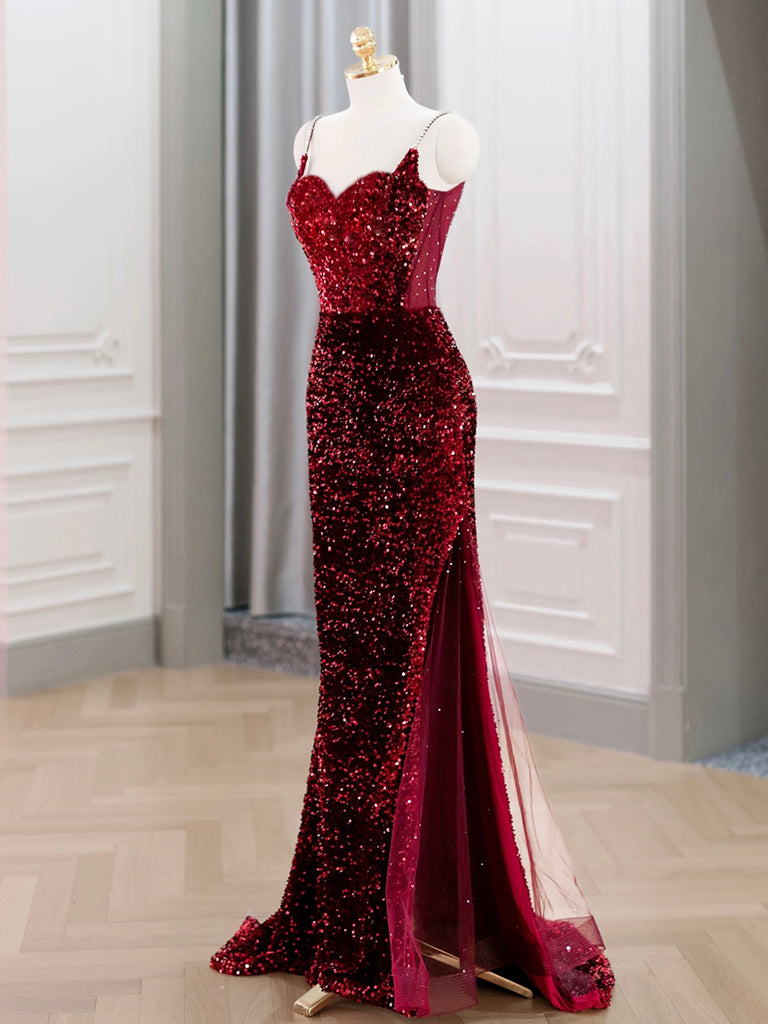 Spaghetti Straps Burgundy Sequins Mermaid Prom Dresses, Wine Red Mermaid Evening Dresses, US 12 / Custom Color / No Rush Spaghetti Straps Burgundy Sequins Mermaid Prom Dresses, Wine Red Mermaid Evening Dresses, US 12 / Custom Color / No Rush