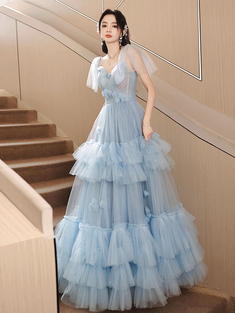 A-Line Tulle Blue Long Prom Dress, Blue Tulle Long Evening Formal Dres shopluu A-Line Tulle Blue Long Prom Dress, Blue Tulle Long Evening Formal Dres shopluu