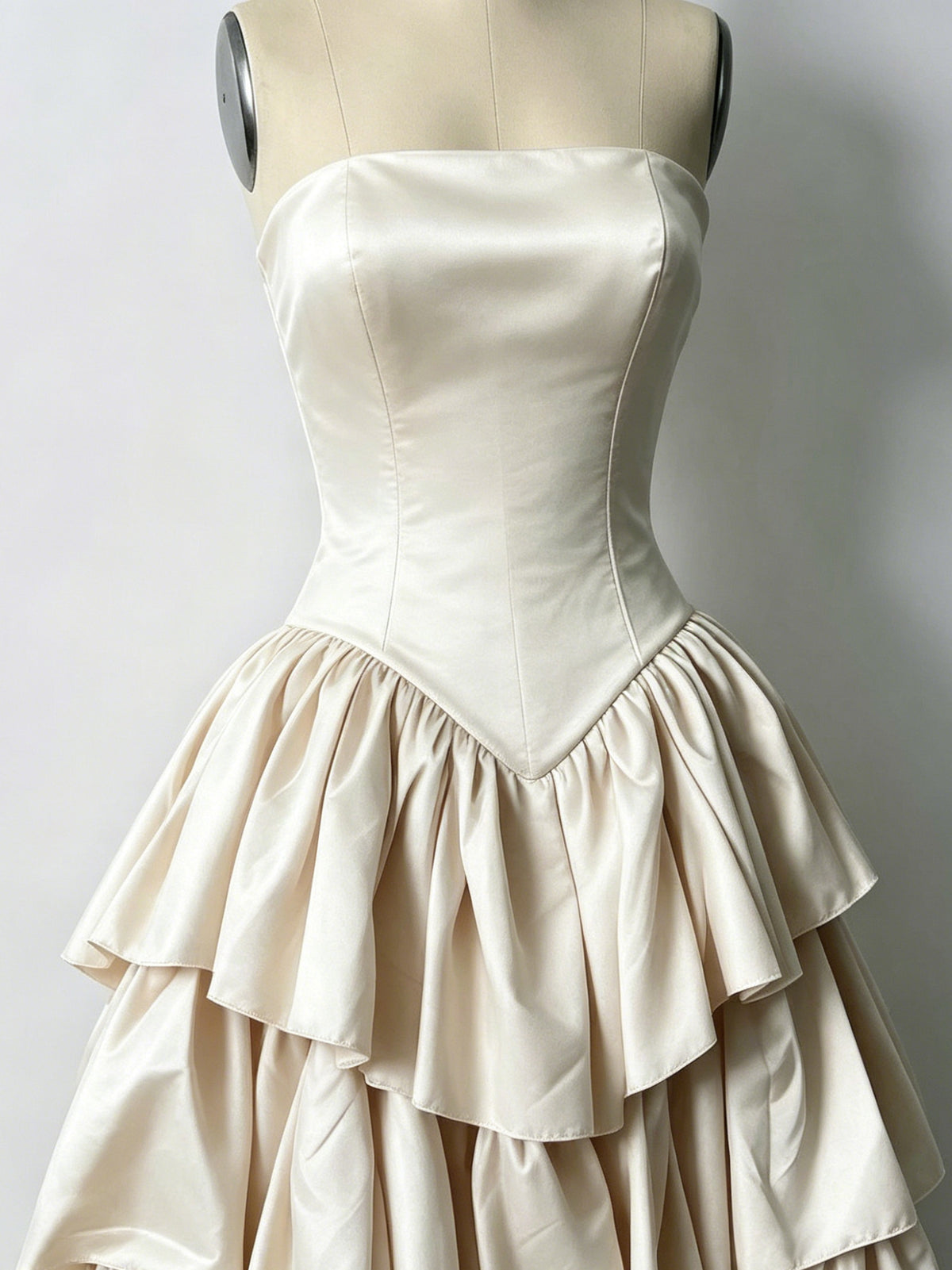 Unique A-line Satin Tiered Champagne Long Prom Dress