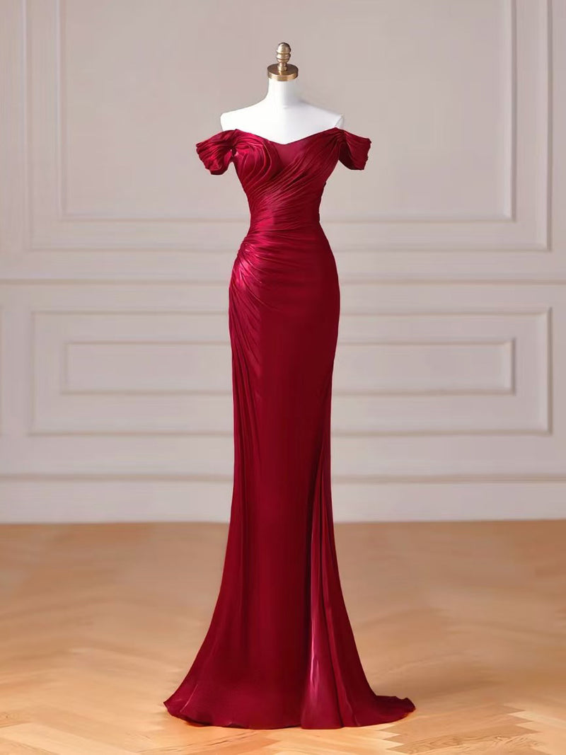 Mermaid off Shoulder Floor Length Burgundy Prom Dress, Burgundy Evenin – shopluu