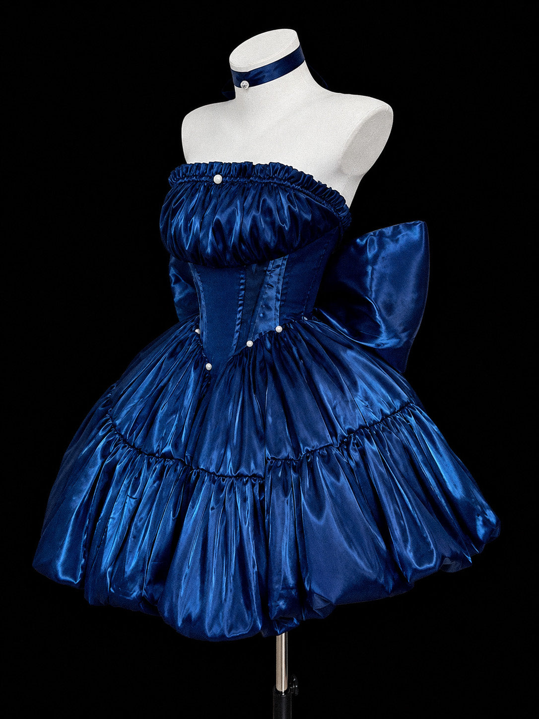 Unique A-line Satin Dark Blue Short Prom Dress with Bow