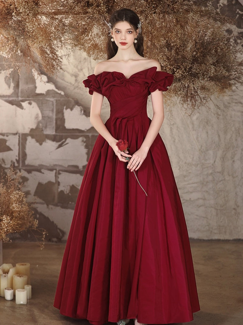 dress color burgundy Beautiful Off the Shoulder Long Formal Prom Dresses, Burgundy A-Line Evening Dress US 4 / Burgundy