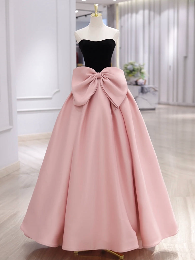 pink elegant dress Black Velvet and Pink Satin Long Prom Dress, Beautiful A-Line Strapless Party Dress wit Bow US 8 / Pink