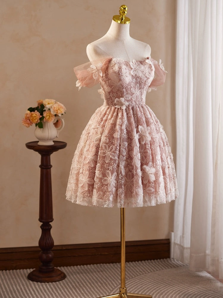 A-Line Off Shoulder Tulle Lace Pink Short Prom Dress, Pink Homecoming – shopluu