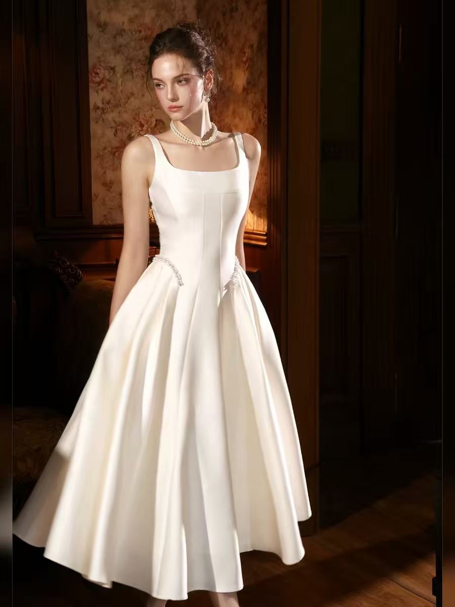 A-line Square Neck Tea Length White Prom Dress with Beads