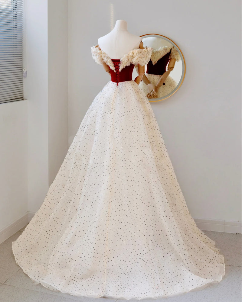 A-Line Off Shoulder Tulle Light Champagne Long Prom Dress, Light Champ shopluu A-Line Off Shoulder Tulle Light Champagne Long Prom Dress, Light Champ shopluu