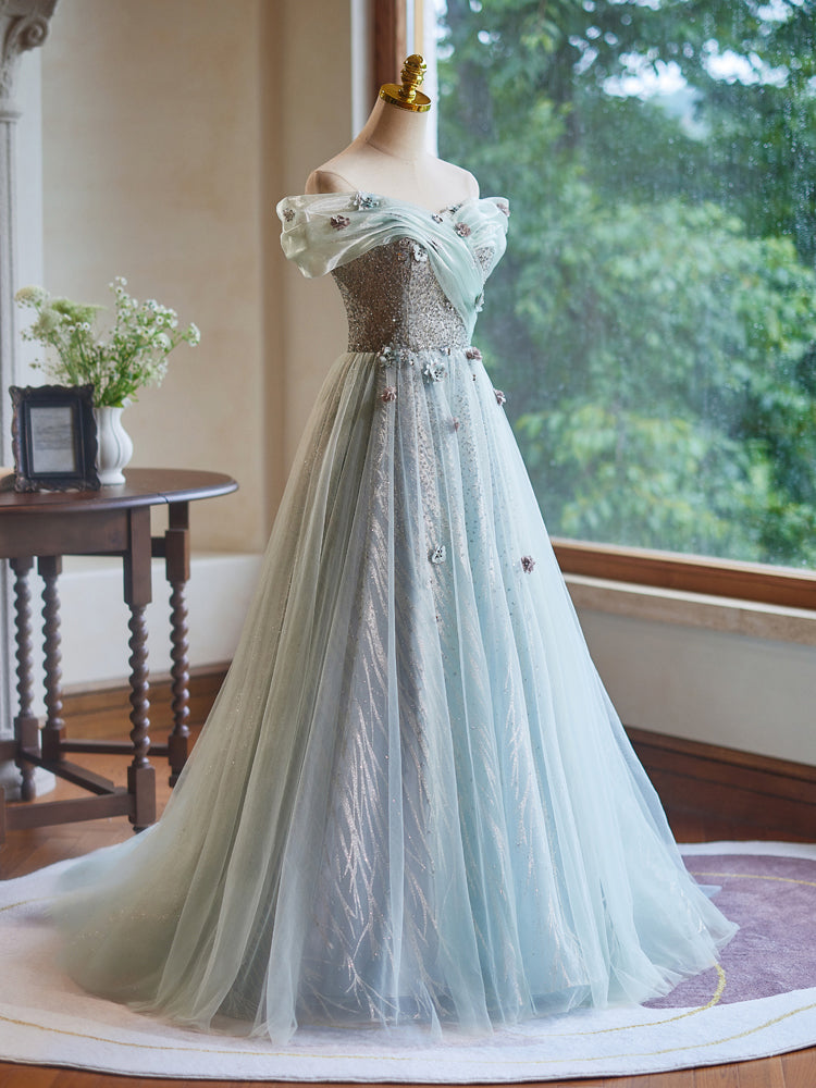 A-Line Off Shoulder Tulle Green Long Prom Dress, Green Long Evening Dr shopluu A-Line Off Shoulder Tulle Green Long Prom Dress, Green Long Evening Dr shopluu