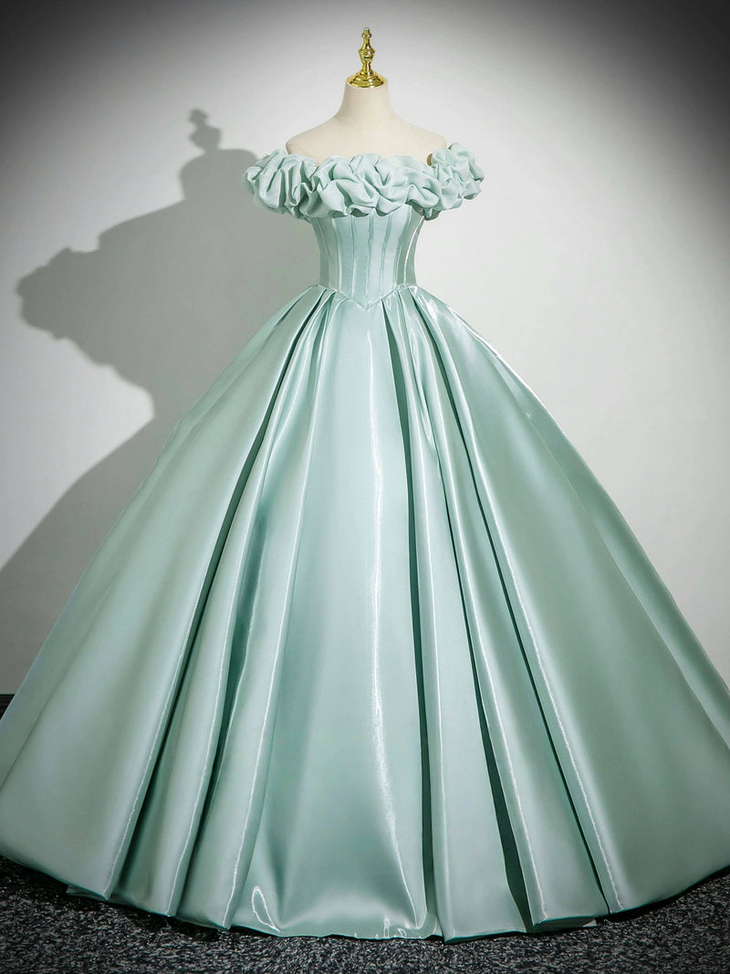 Green Satin Long Prom Dress, Beautiful Off the Shoulder Party Dress with Corset US 10 / Green Green Satin Long Prom Dress, Beautiful Off the Shoulder Party Dress with Corset US 10 / Green