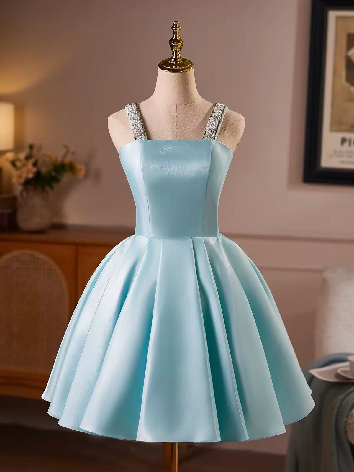 Elegant A-line Satin Blue Short Homecoming Dress with Beads