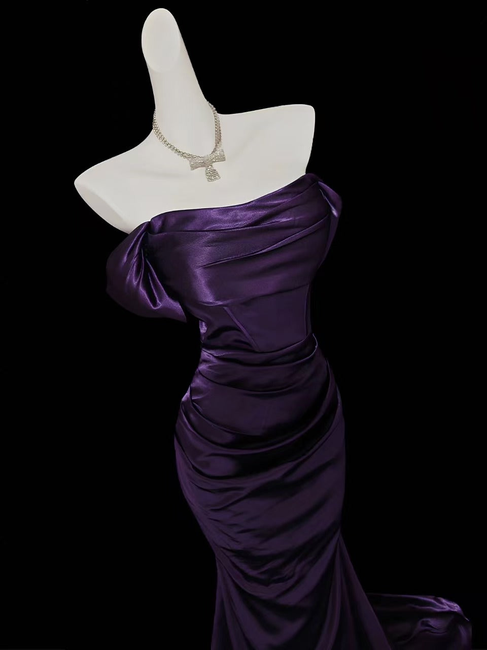 Mermaid Off Shoulder Satin Purple Long Prom Dress, Purple Formal Dress