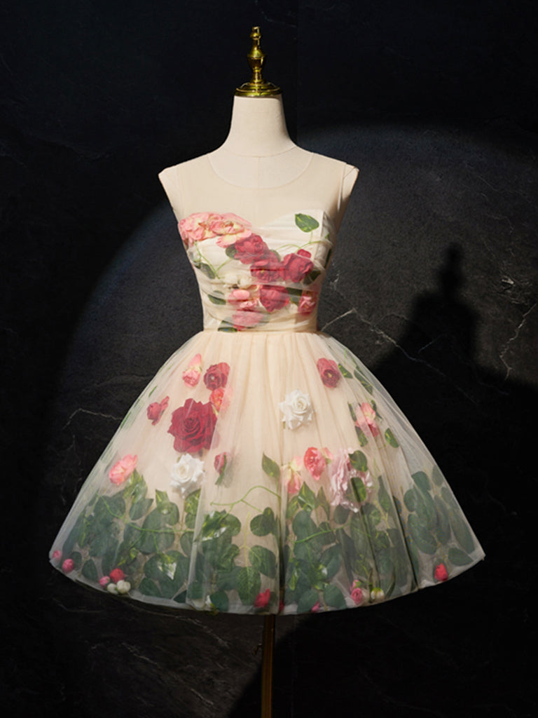 Scoop Neckline Tulle Flower Champagne Short Prom Dress, Cute Formal Dr shopluu Scoop Neckline Tulle Flower Champagne Short Prom Dress, Cute Formal Dr shopluu