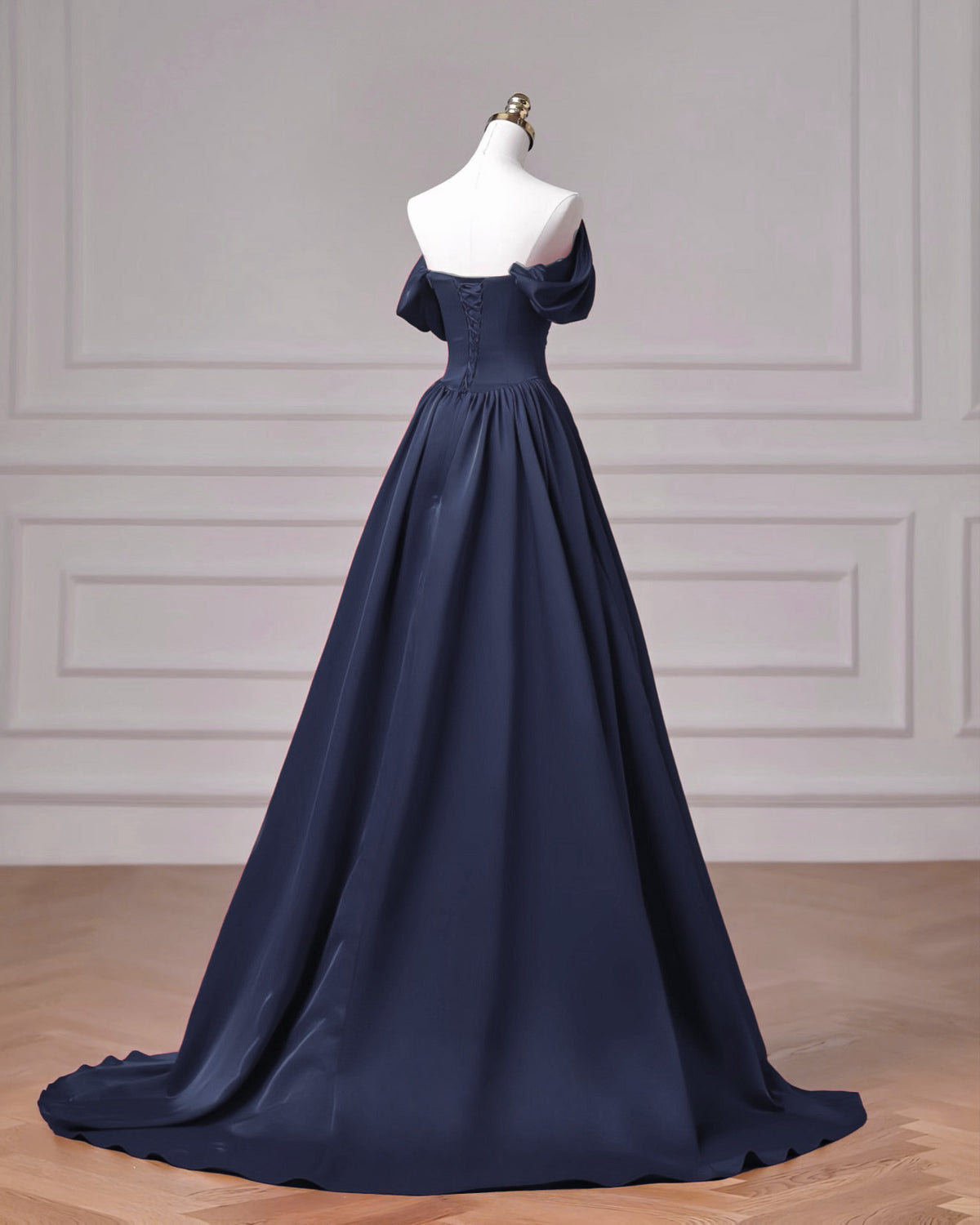 A-Line Spoon Neck off Shoulder Sweep Train Dark Blue Long Prom Dress