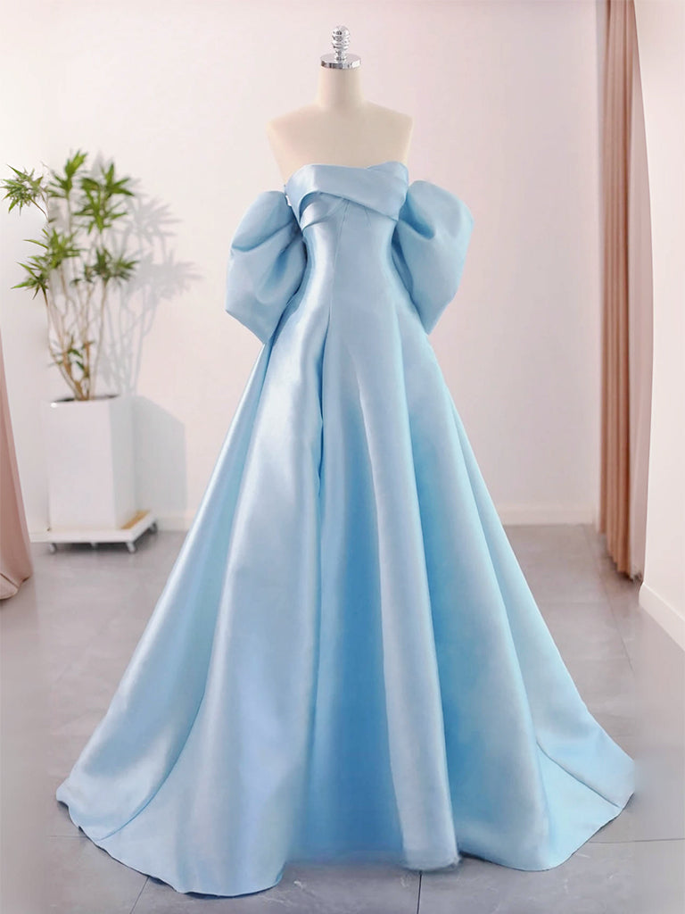 A-Line Sweetheart Neck Satin Blue Long Prom Dress, Blue Long Formal Dr shopluu A-Line Sweetheart Neck Satin Blue Long Prom Dress, Blue Long Formal Dr shopluu