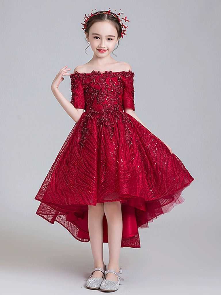 A-Line High Low Tulle Lace Burgundy Flower Girl Dress 10 / Burgundy