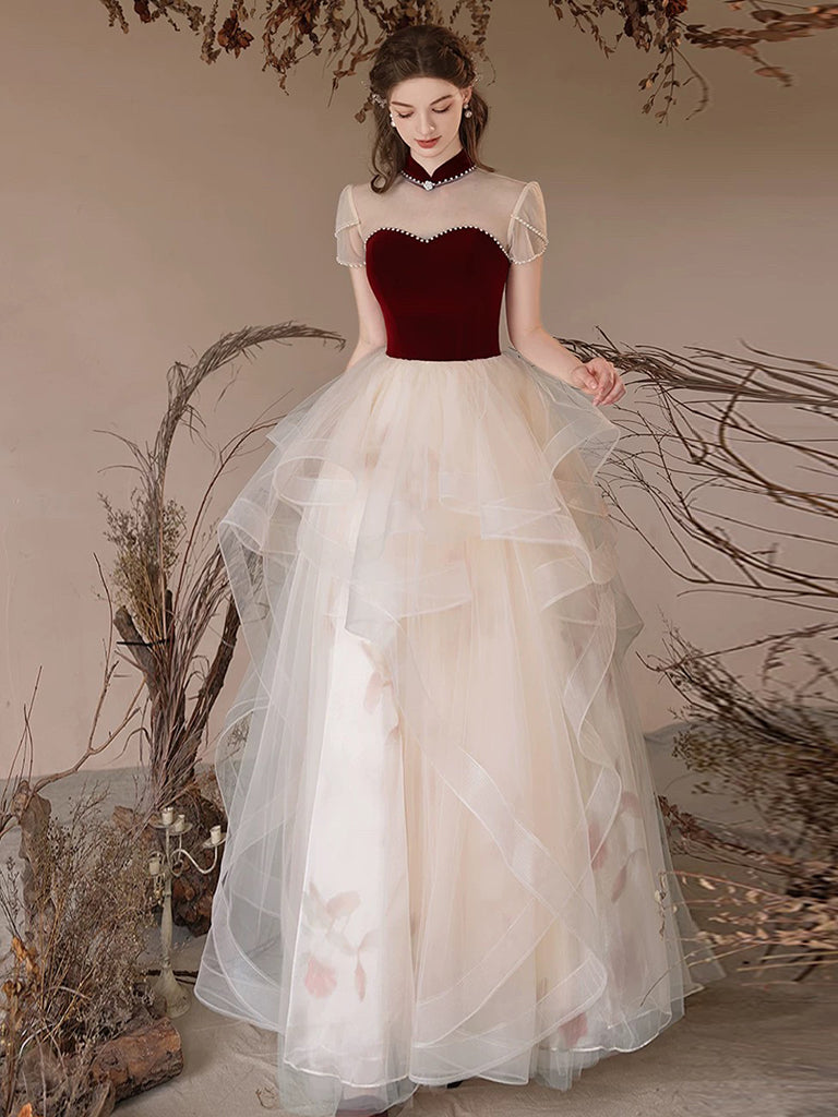 Burgundy Velvet and Champagne Tulle Long Prom Dress, Lovely A-Line Short Sleeve Evening Party Dress US 8 / Burgundy and Champagne Burgundy Velvet and Champagne Tulle Long Prom Dress, Lovely A-Line Short Sleeve Evening Party Dress US 8 / Burgundy and Champagne