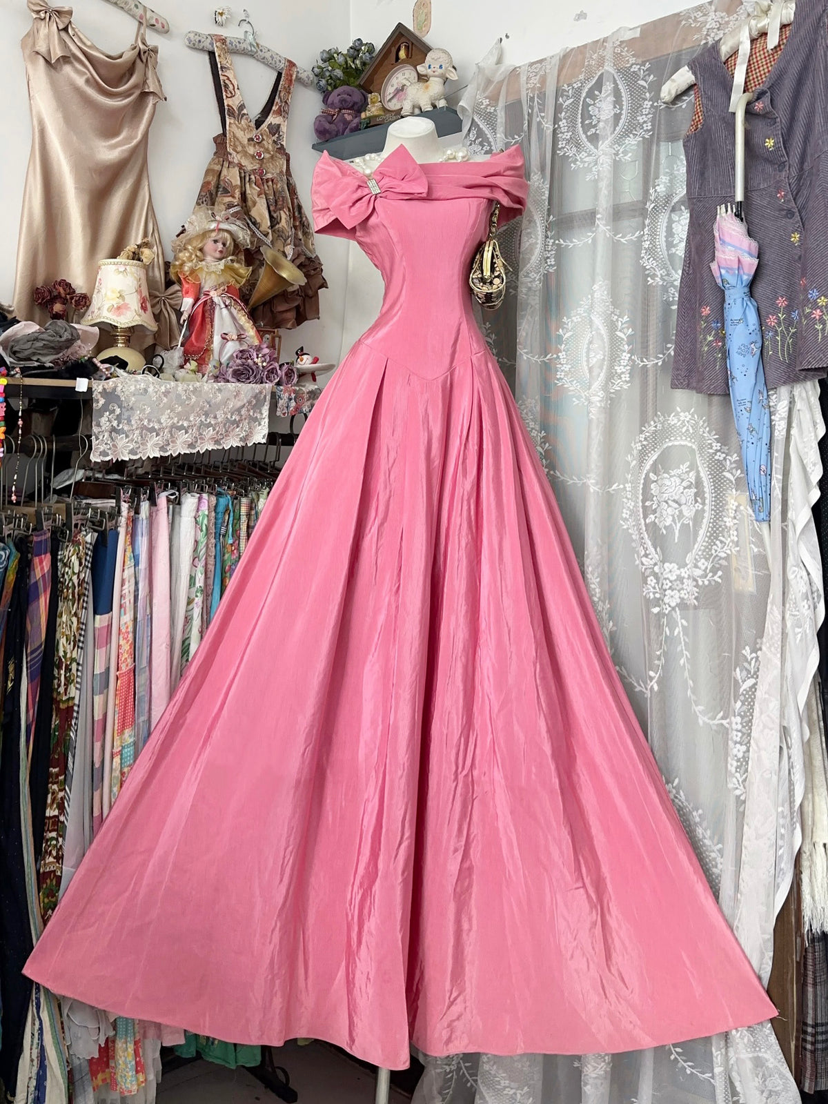 A-Line Off Shoulder Floor Length Satin Pink Long Prom Dress