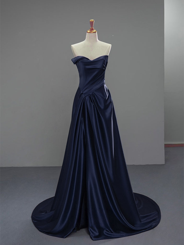 A-Line V Neck Satin Dark Blue Long Prom Dress, Dark Blue Long Formal D shopluu A-Line V Neck Satin Dark Blue Long Prom Dress, Dark Blue Long Formal D shopluu