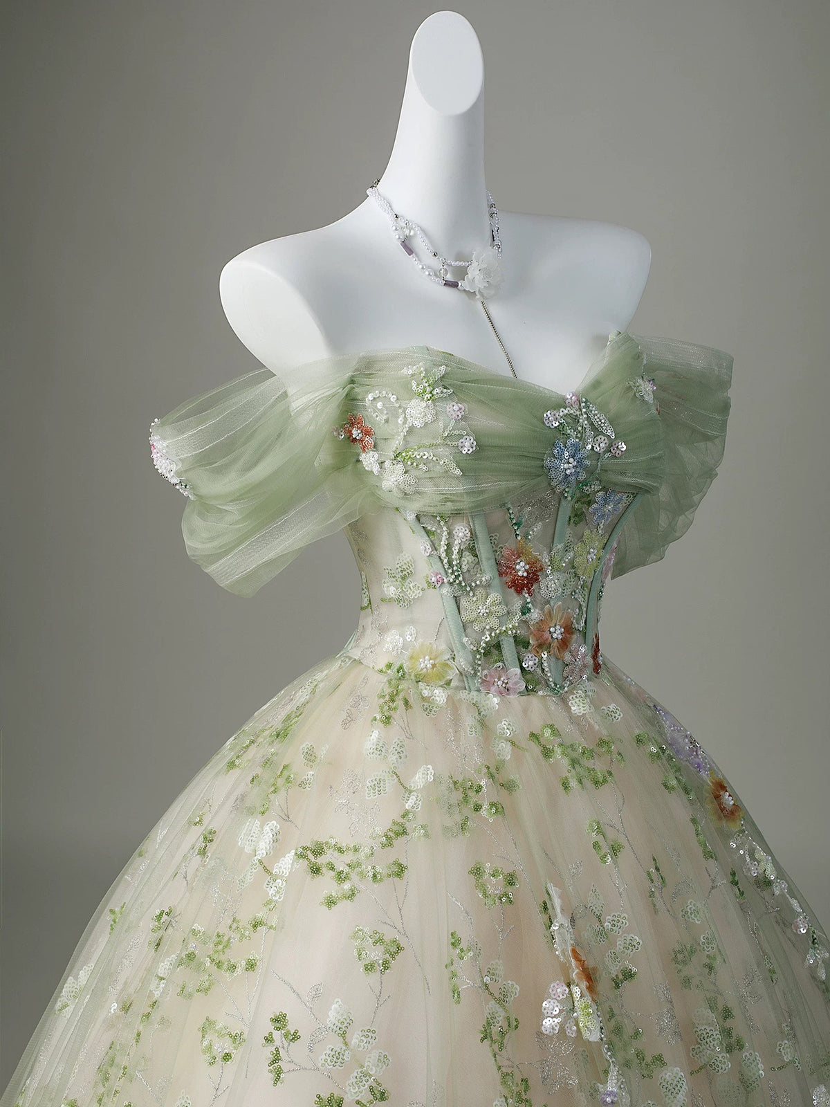 A-Line Sweetheart Neck Tulle Lace Sequin Green Long Prom Dress