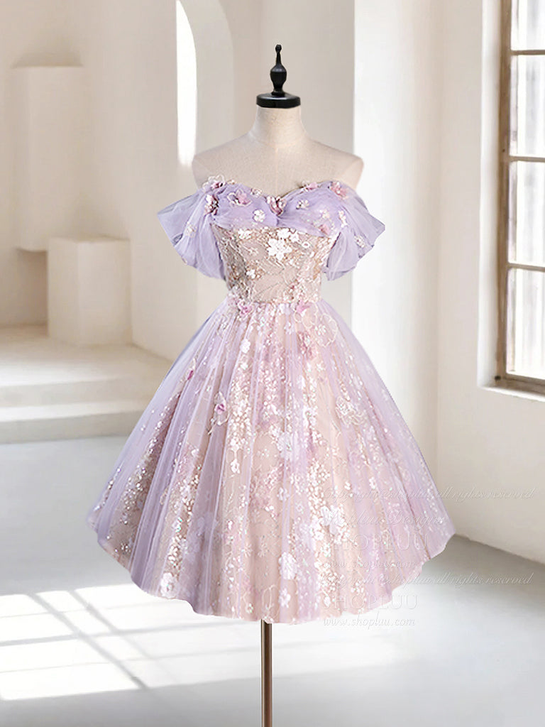 Short Cute Purple Dress A-Line Off Shoulder Tulle Lace Purple