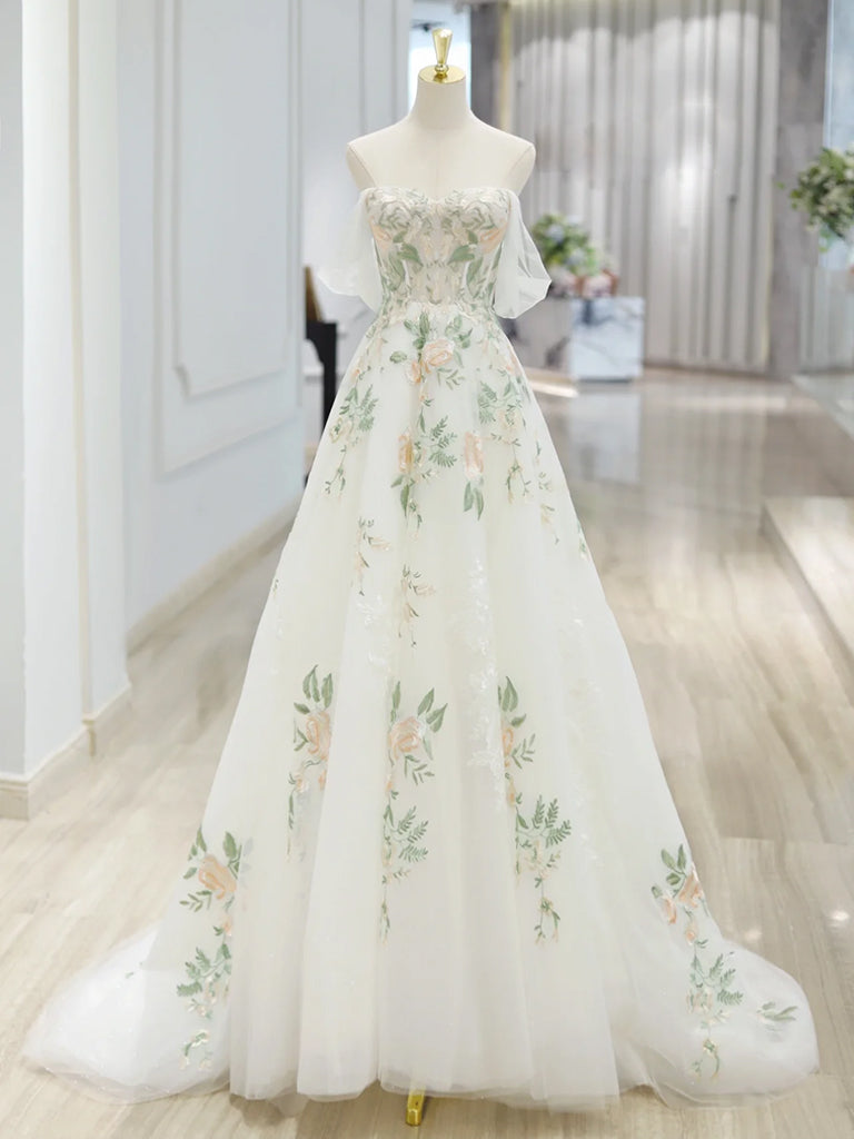 A-Line Off Shoulder ivory Tulle Lace Applique Long Prom Dress, ivory F shopluu A-Line Off Shoulder ivory Tulle Lace Applique Long Prom Dress, ivory F shopluu