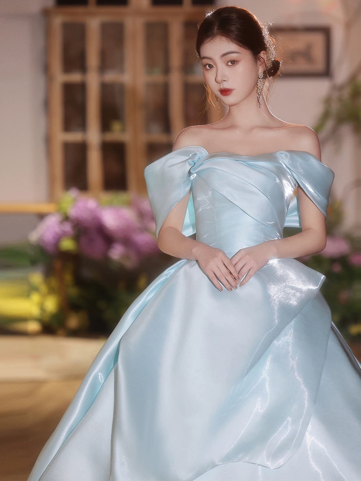 Ball Gown A-line Satin Sweep Train Blue Long Prom Dress
