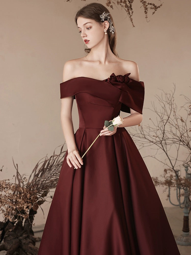 A-Line off Shoulder Satin Dark Burgundy Long Prom Dress, Satin Long Fo shopluu A-Line off Shoulder Satin Dark Burgundy Long Prom Dress, Satin Long Fo shopluu