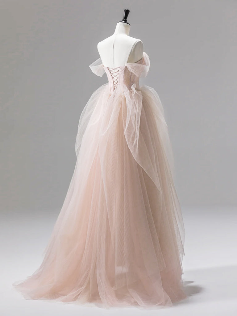 A-Line Off Shoulder Tulle Lace Champagne Pink Long Prom Dress, Lace Long Formal Dress US 10 / Champagne Pink A-Line Off Shoulder Tulle Lace Champagne Pink Long Prom Dress, Lace Long Formal Dress US 10 / Champagne Pink