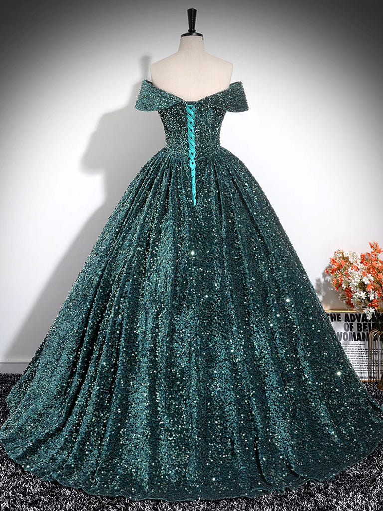 Dark Green Sequins Long Formal Dress, Elegant Off the Shoulder Party Dress US 4 / Green Dark Green Sequins Long Formal Dress, Elegant Off the Shoulder Party Dress US 4 / Green