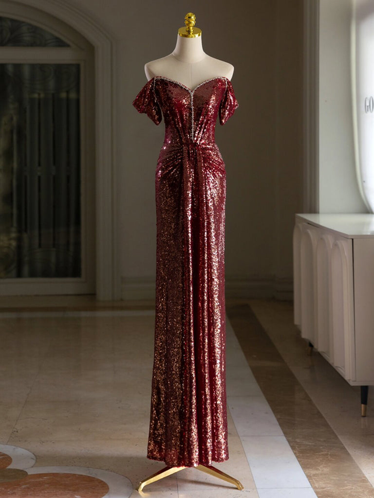 Simple Off Shoulder Sequin Burgundy Long Prom Dress, Burgundy Long Evening Dress US 10 / Custom Color Simple Off Shoulder Sequin Burgundy Long Prom Dress, Burgundy Long Evening Dress US 10 / Custom Color
