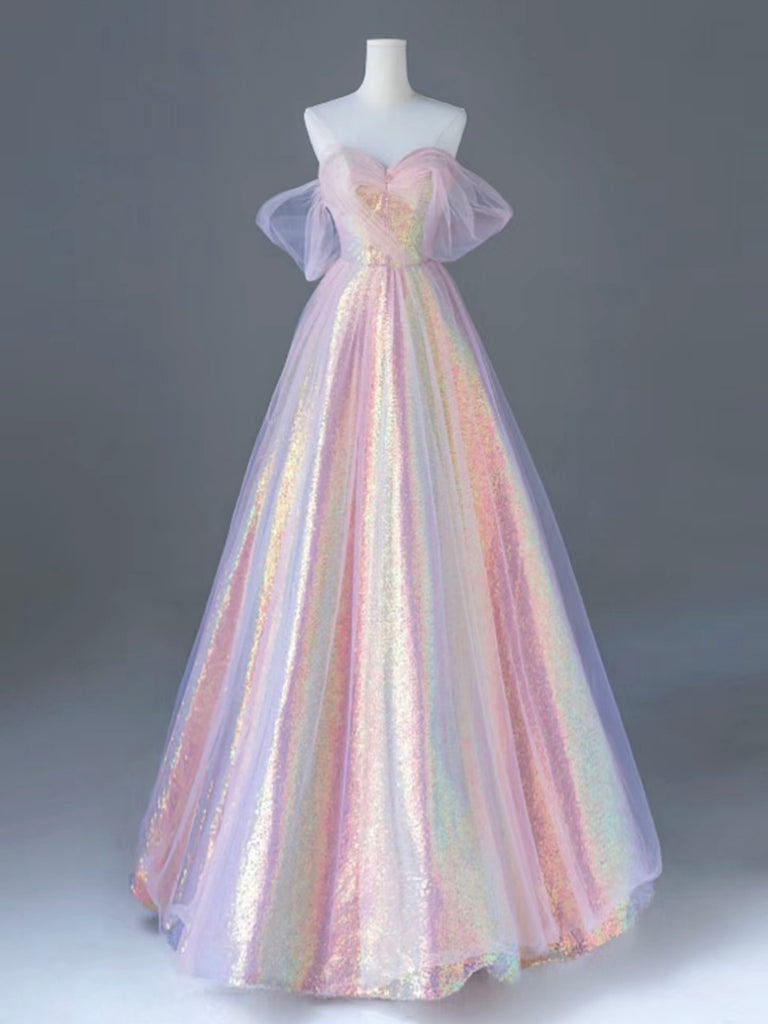 rainbow dress prom Pink Tulle Sequins Long Prom Dress, A-Line Formal Graduation Dress US 2 / Pink