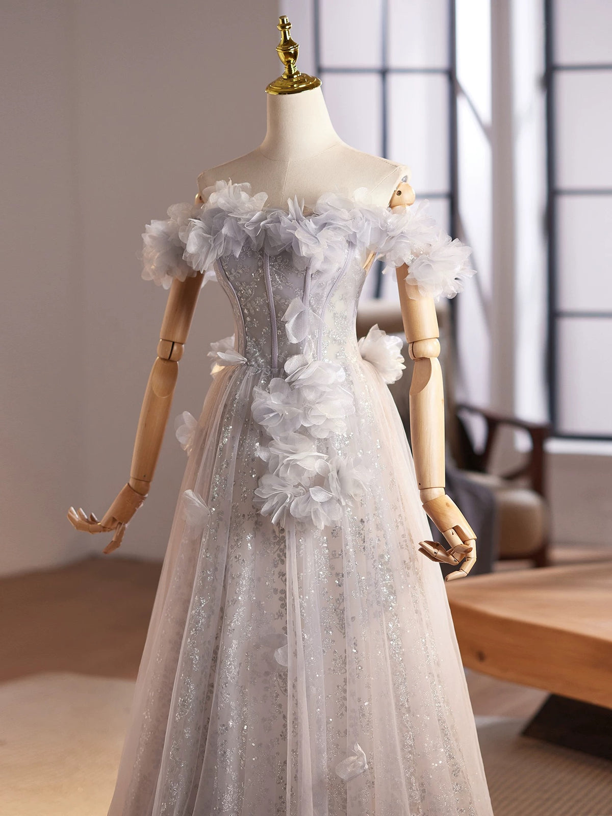 A-Line Off Shoulder Tulle Flower Applique Gray Long Prom Dress