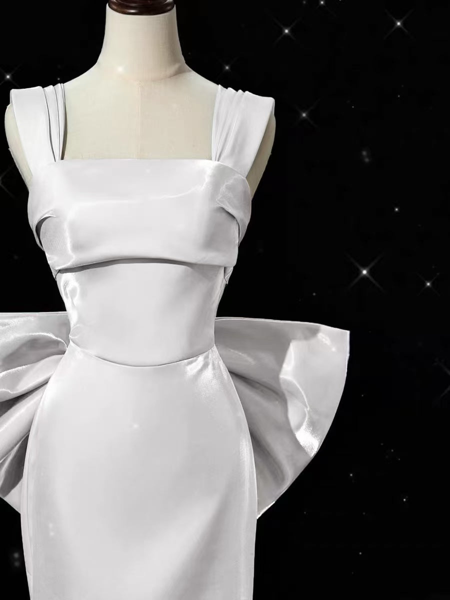 Simple Mermaid Satin Sweep Train White Long Prom Dress