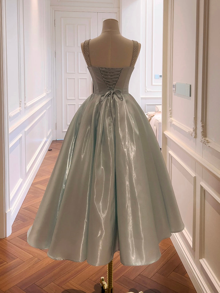 A-Line Tea Length Satin Blue Prom Dress With Beaded Shoulder Straps