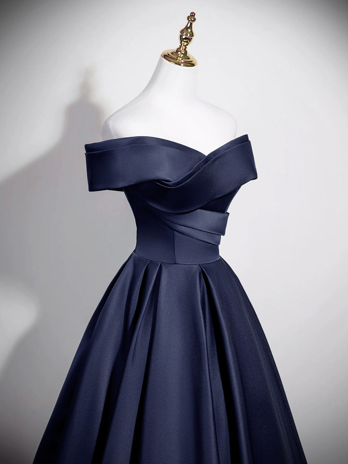 A-Line Off Shoulder Satin Dark Blue Long Prom Dress, Dark Blue Long Formal Dress