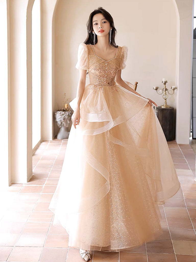 A-Line Champagne Tulle Lace Long Prom Dress, Champagne Long Formal Dress US 14 / Champagne A-Line Champagne Tulle Lace Long Prom Dress, Champagne Long Formal Dress US 14 / Champagne